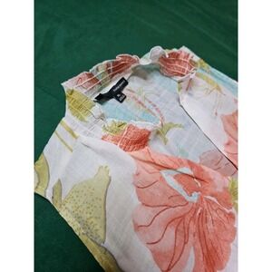 Harve Benard Sleeveless Blouse STAND-UP COLLAR Tropical Hibiscus TIE FRONT Flowy